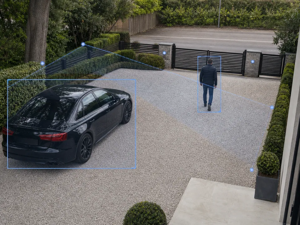 AI person and vehicle detection on a Cambridge home CCTV view