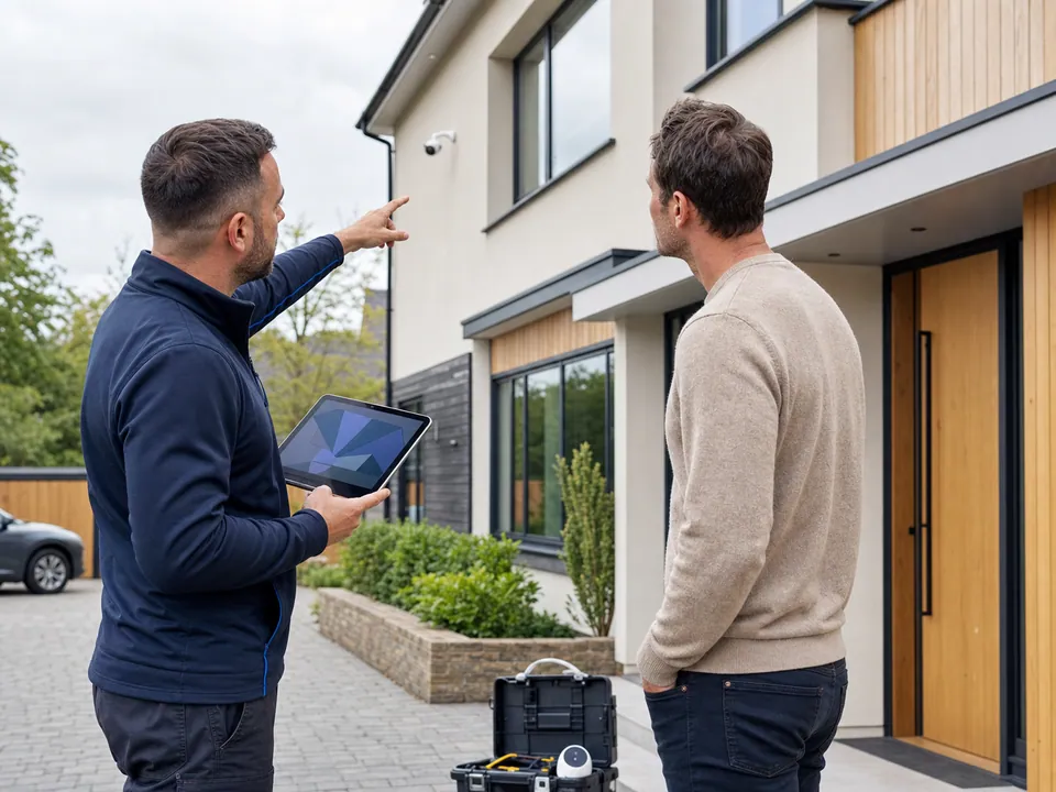 BlueMax engineer completing a CCTV security assessment at a Cambridge home