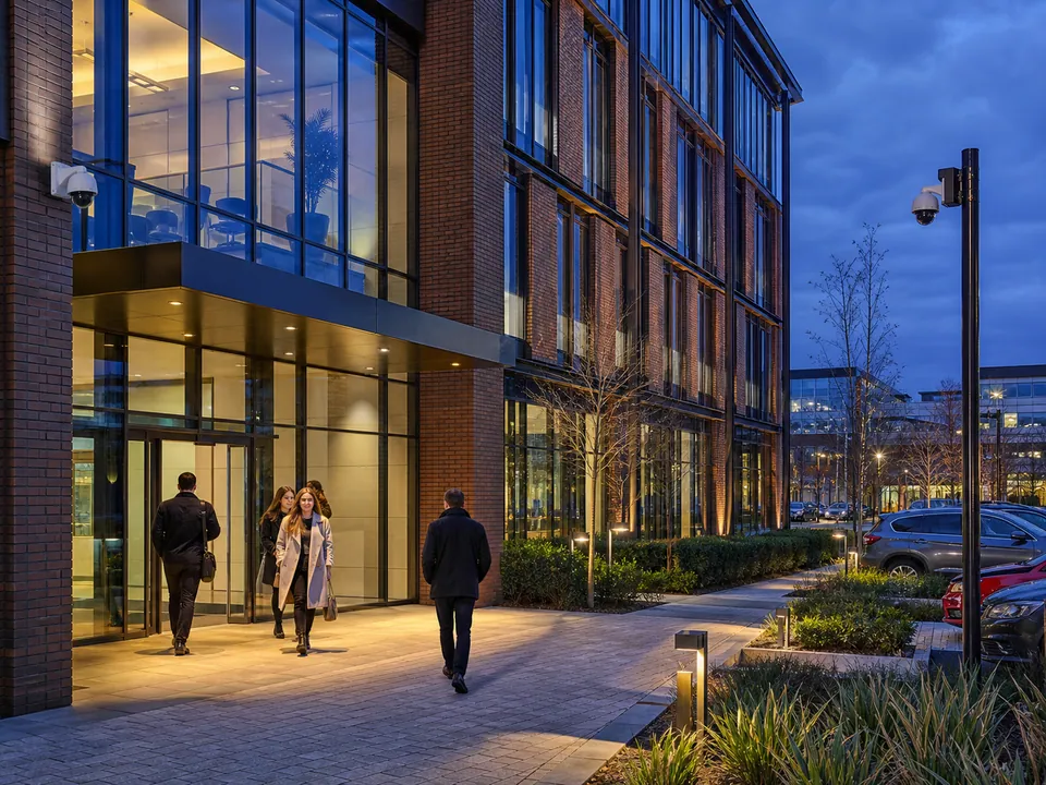 Professional CCTV coverage inside a modern Cambridge commercial office