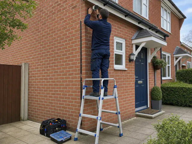 Professional installer fitting an exterior CCTV camera safely